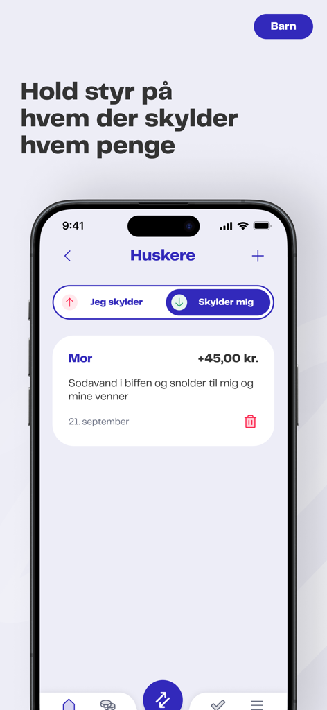 Young Money - Smartphone screen of Young Money app showing the feature for children to track who owes them money.