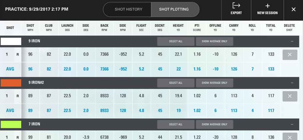Detailed golf shot history table in the SKYTRAK Lite app showing club speed spin rate and carry distance metrics