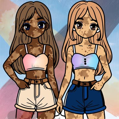 two sisters with crop tops and jean shorts and straight hair