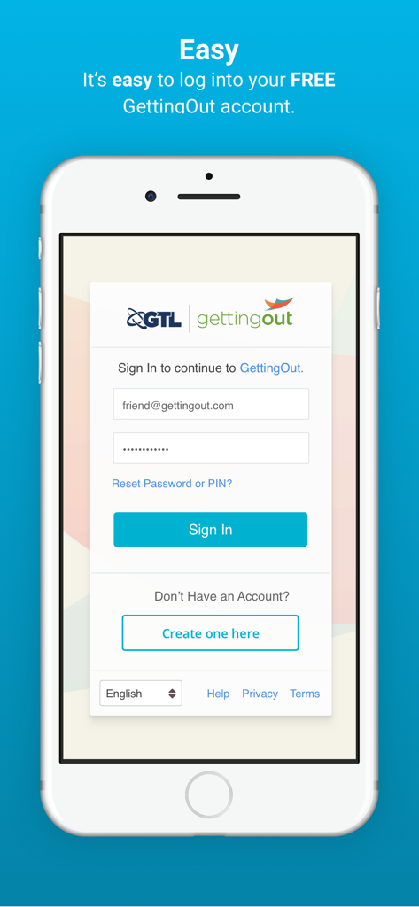 GettingOut app sign in screen showing the login form and create account link