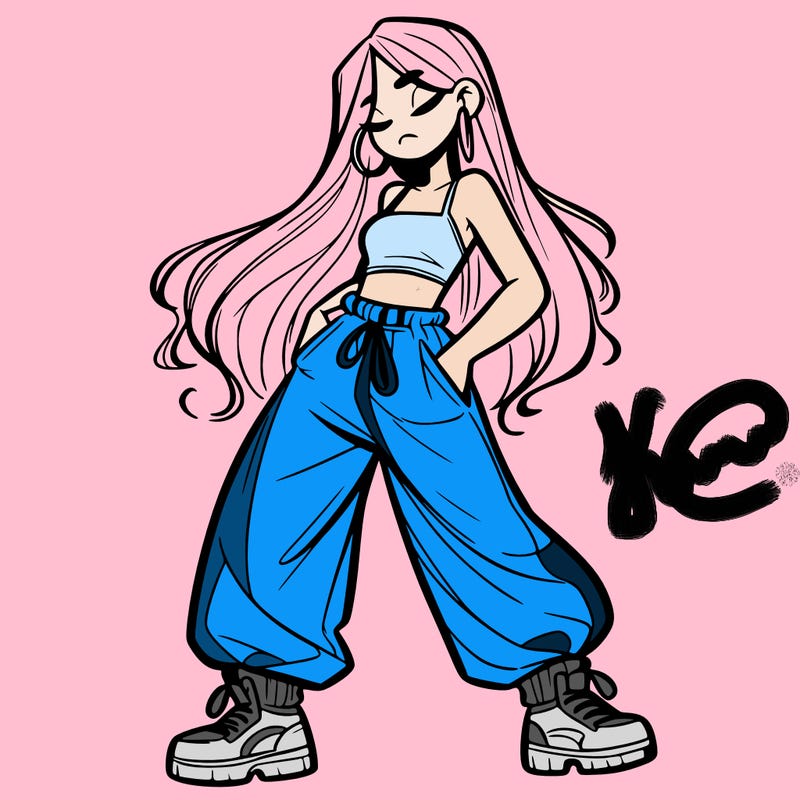 girl in baggy pants crop top and long hair