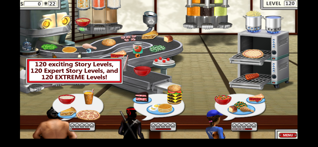 Gameplay screenshot of Burger Shop 2 Deluxe showing the conveyor belt kitchen and information about story and expert levels.