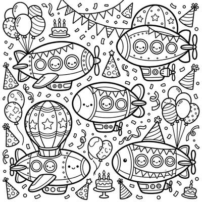 Get ready for a celebration high in the sky with this adorable Kawaii Airship Birthday coloring page. Filled with cute airships and festive party elements, it's perfect for a joyous coloring adventure.