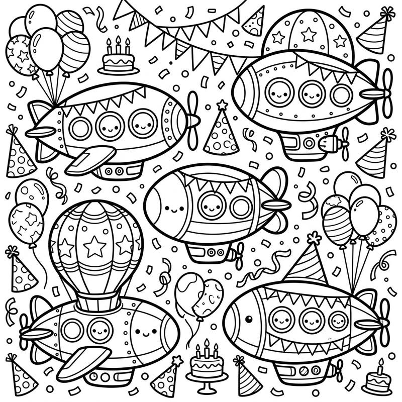 Get ready for a celebration high in the sky with this adorable Kawaii Airship Birthday coloring page. Filled with cute airships and festive party elements, it's perfect for a joyous coloring adventure.