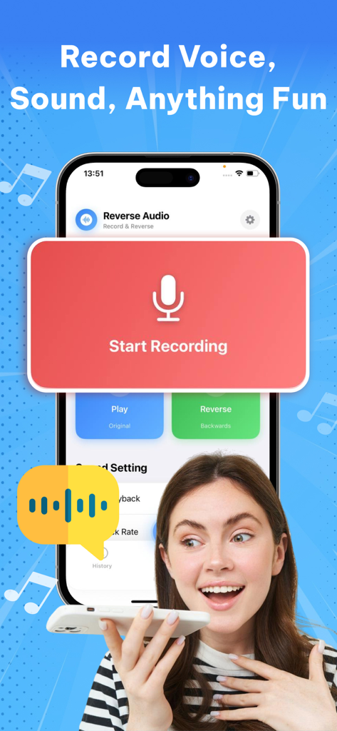 A young woman smiling while recording her voice using the Start Recording button in the Reverse Audio app.
