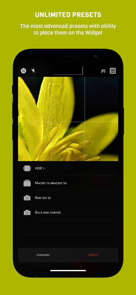 CameraPixels PRO - Interface of CameraPixels PRO app showing custom photography presets for macro and HDR