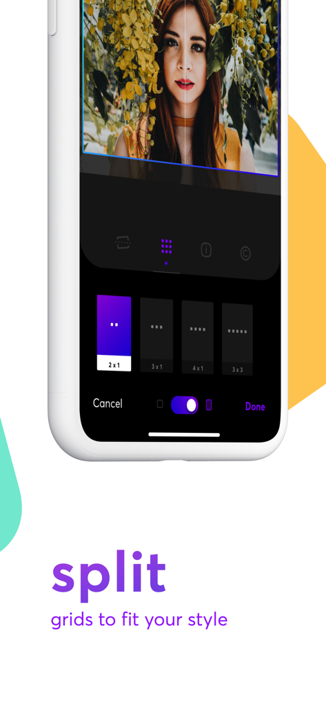 Panols - Mobile screen showing the Panols app interface with various grid splitting options for an Instagram photo