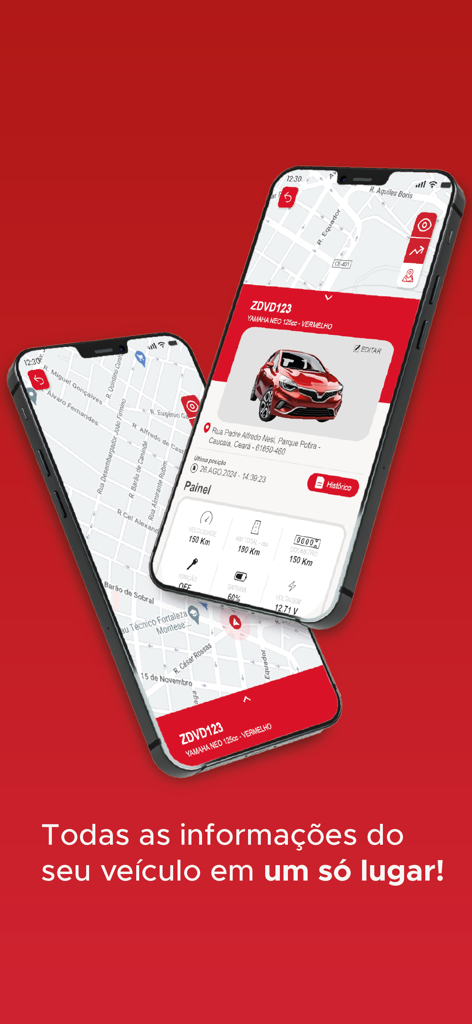 Rastro System 3.0 mobile app interface on two iPhones showing real-time vehicle location on a map and a data dashboard with speed and battery status