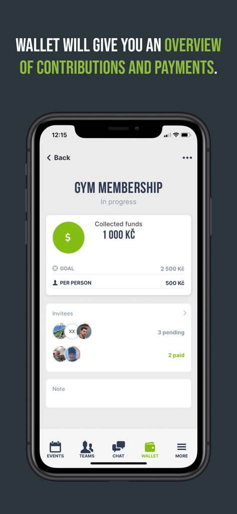 Teamheadz App-Wallet-Oberfläche zeigt die Nachverfolgung von Mitgliedsbeitragszahlungen mit gesammelten Geldern und dem Zahlungsstatus der Mitglieder