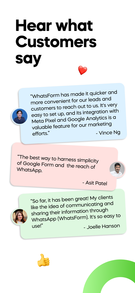 WhatsForm – Forms for WhatsApp - Customer reviews and testimonials for the WhatsForm app showing positive feedback from users
