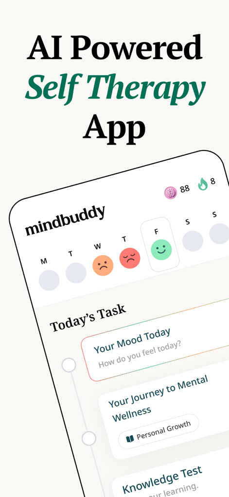 MindBuddy: Mood Journal & CBT - MindBuddy app interface showing a weekly mood tracker with emojis and daily mental wellness tasks.