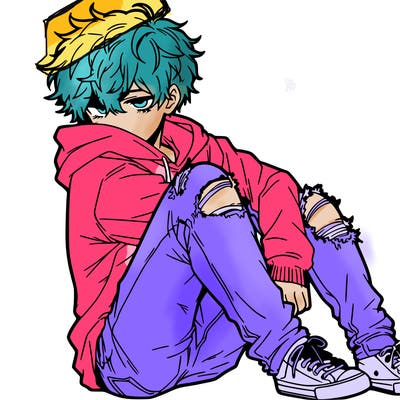 a male hoddie ripped jeans messy hair anime