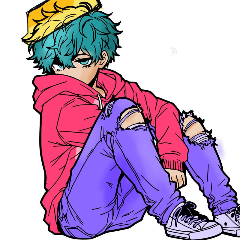 a male hoddie ripped jeans messy hair anime