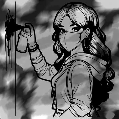 realistic girl with mask spray painting a wall