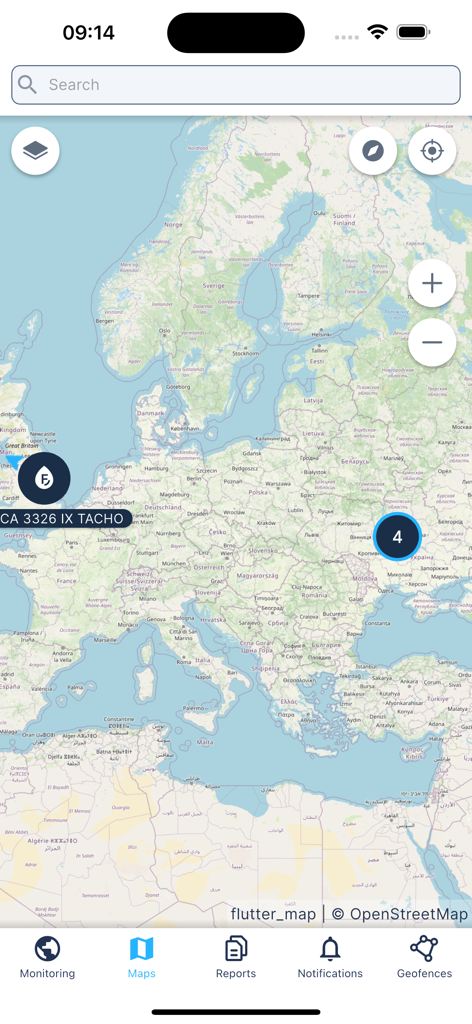 Real-time fleet tracking map in the M2M App showing asset locations and clusters across Europe