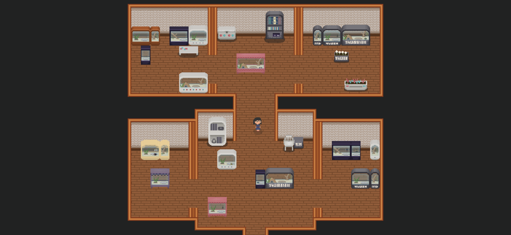 Una vista dall'alto di un accogliente insetttario pixel art con varie teche per insetti.