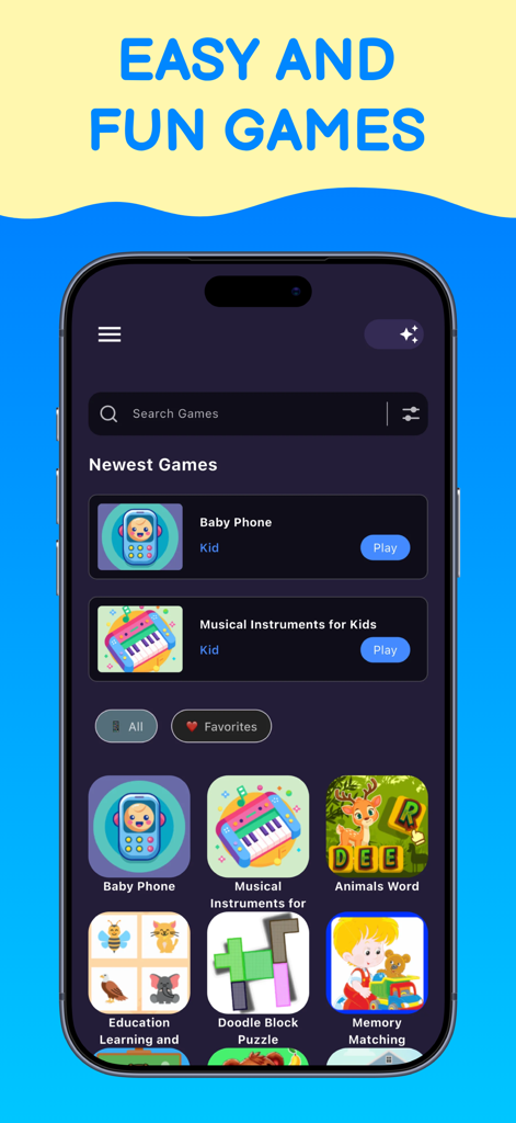 A mobile screen showing a library of offline kids games like Baby Phone and Musical Instruments for Kids