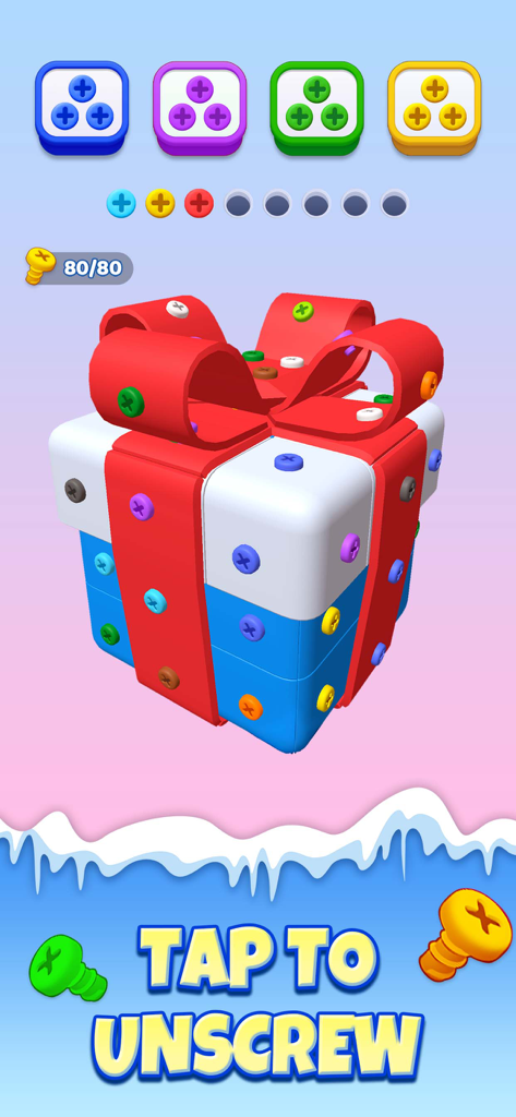 Unscrew Frenzy 3D - A 3D gift box model with colorful screws in the Unscrew Frenzy 3D puzzle game