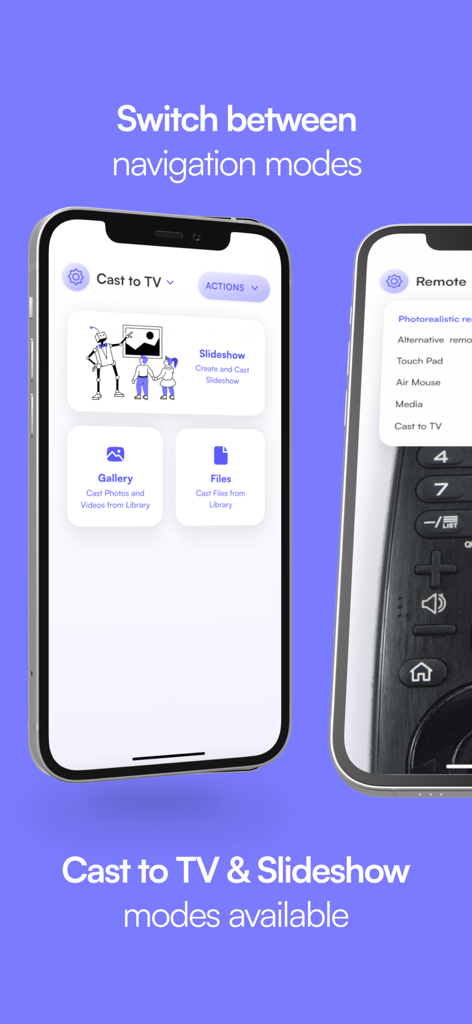 Interfaz de la aplicación de control remoto LG que muestra los modos de navegación y transmisión en dos smartphones