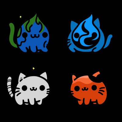 4 cats that represent the different elements, earth, water, air, and fire