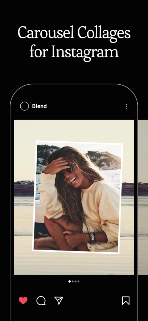 Blend: Combine Photo Layers - iPhone mockup showing a carousel collage design for Instagram created with Blend app