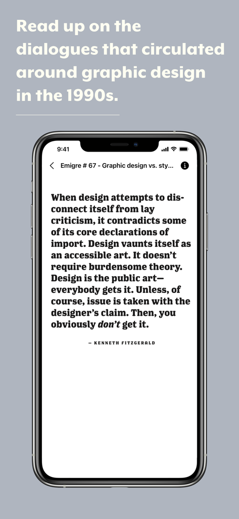 Emigre Fonts - An essay view from Emigre magazine displayed on a smartphone screen within the Emigre Fonts app.