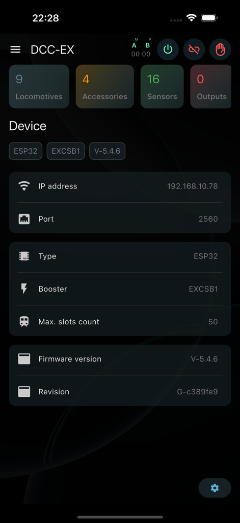 DCC-EX Cab dashboard showing connected device information and locomotive counts