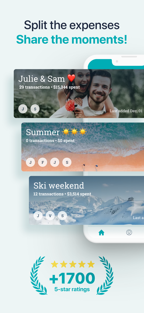 Sesterce – Split expenses - Sesterce app interface displaying various shared expense groups like couples and trips
