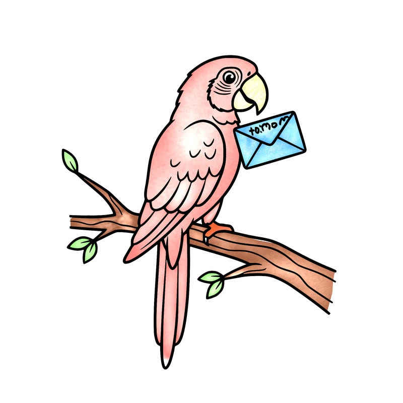 a parrot bird sitting in a tree branch holding an envelope