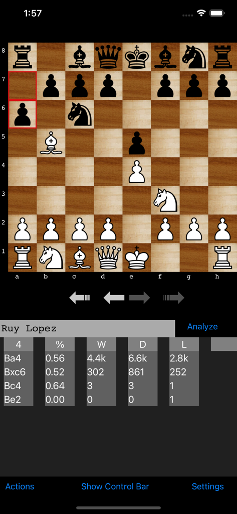 OpeningTree - Chess Openings - OpeningTree app screen displaying a chessboard with the Ruy Lopez opening and a data table of move statistics.