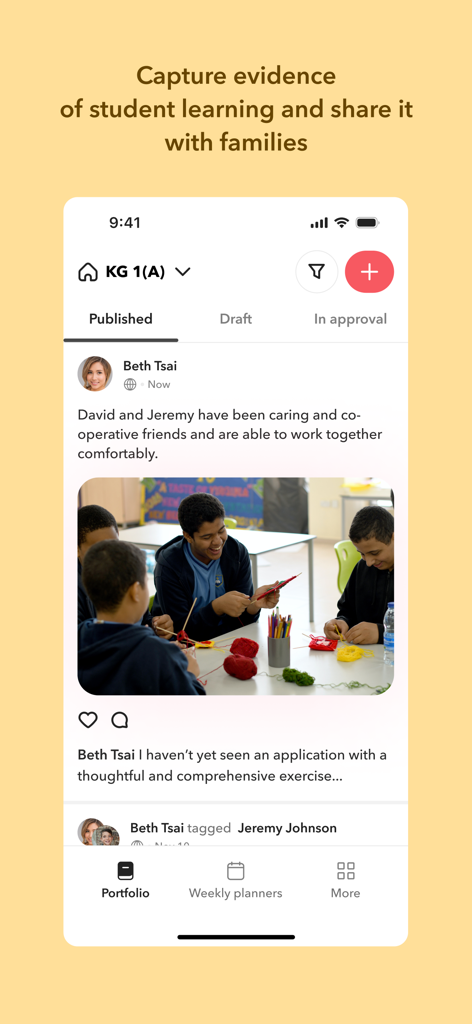 Toddle Educator - Screenshot of the Toddle Educator app showing a student portfolio feed with photos and descriptions of classroom activities