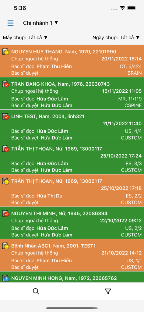 A worklist of medical imaging studies in the PMR PACS app showing patient details and scan information