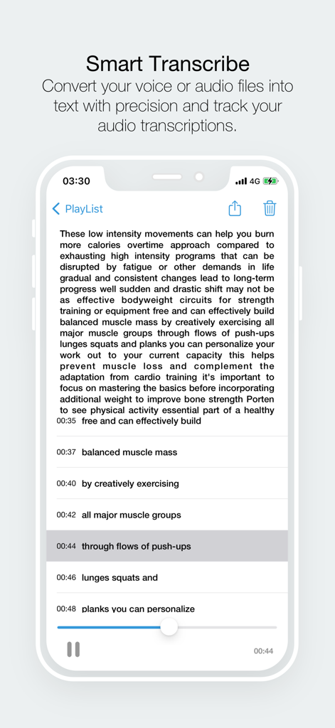 タイムスタンプ付きのテキストと同期した音声文字起こしを表示するモバイルアプリのインターフェイス。
