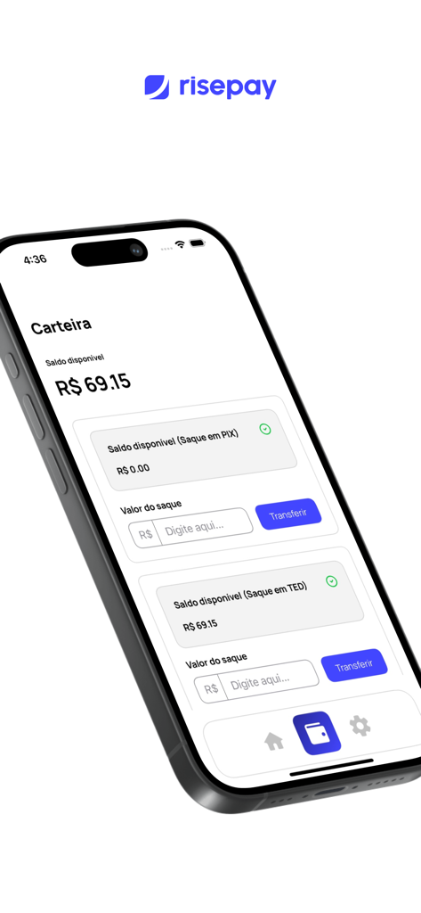 RisePay - Tela de saldo da carteira do aplicativo RisePay mostrando o saldo disponível e as opções de retirada para empreendedores digitais