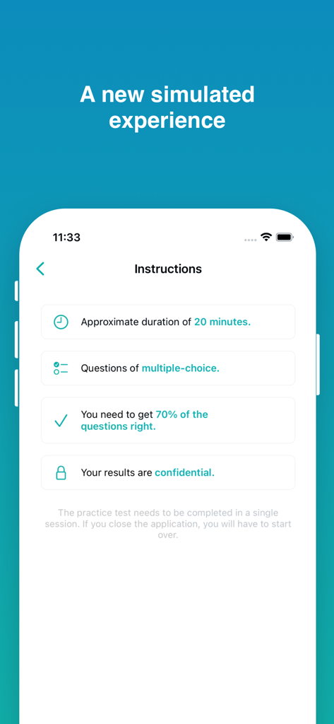 Instructions screen for a simulated NCLEX-RN practice test in the prep app.