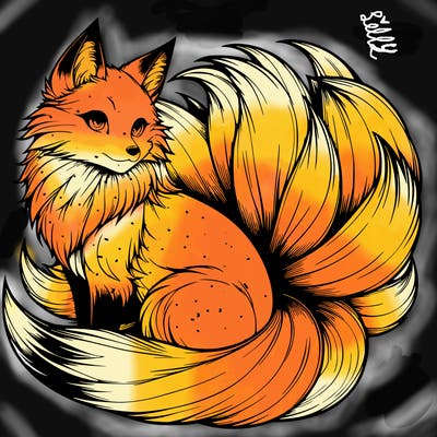 realistic detailed 9 tailed anime fox