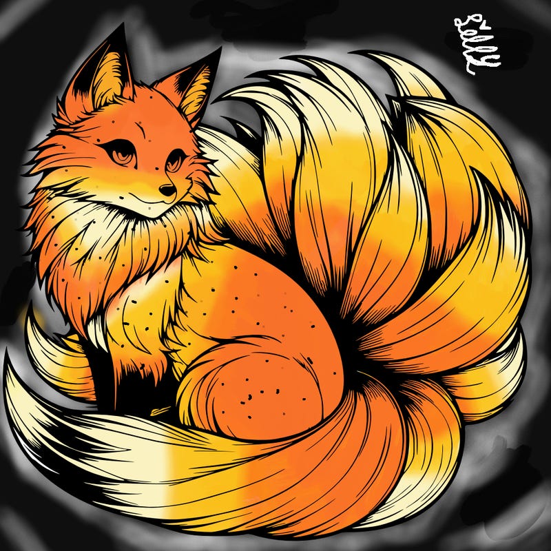 realistic detailed 9 tailed anime fox
