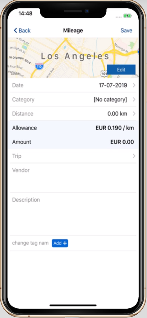 SRXP - SRXP mobile app interface for logging business mileage featuring a map of Los Angeles and expense details