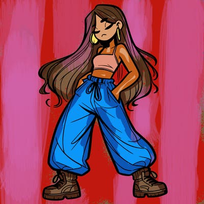 girl in baggy pants crop top and long hair