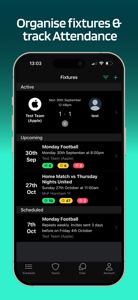 Lineup - Soccer Team App - Screenshot dell'iPhone dell'app Lineup che mostra partite di calcio e monitoraggio presenze giocatori