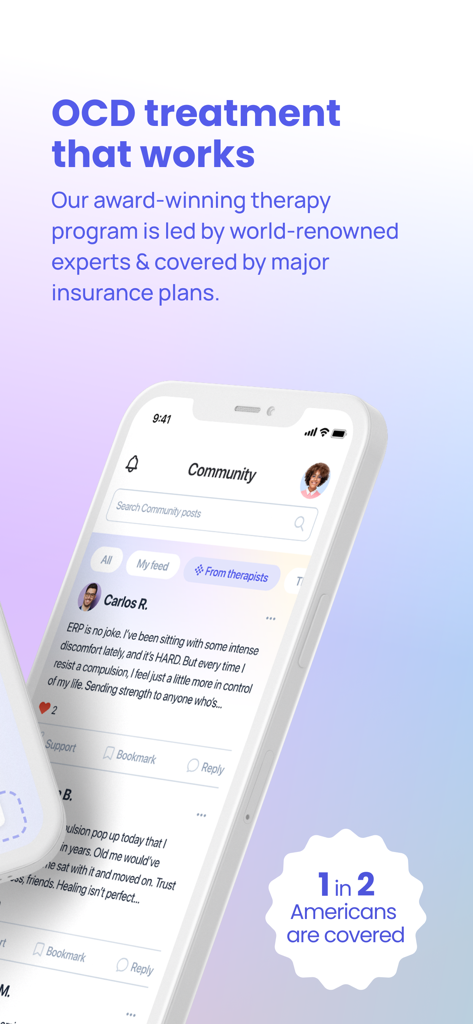 NOCD: OCD Therapy and Tools - NOCDアプリのコミュニティフィードを表示するスマートフォンの画面。OCD治療と保険適用に関する情報が含まれる。