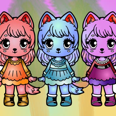 three identical girl wolves