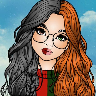 girl with long hair and freckles and glasses realistic