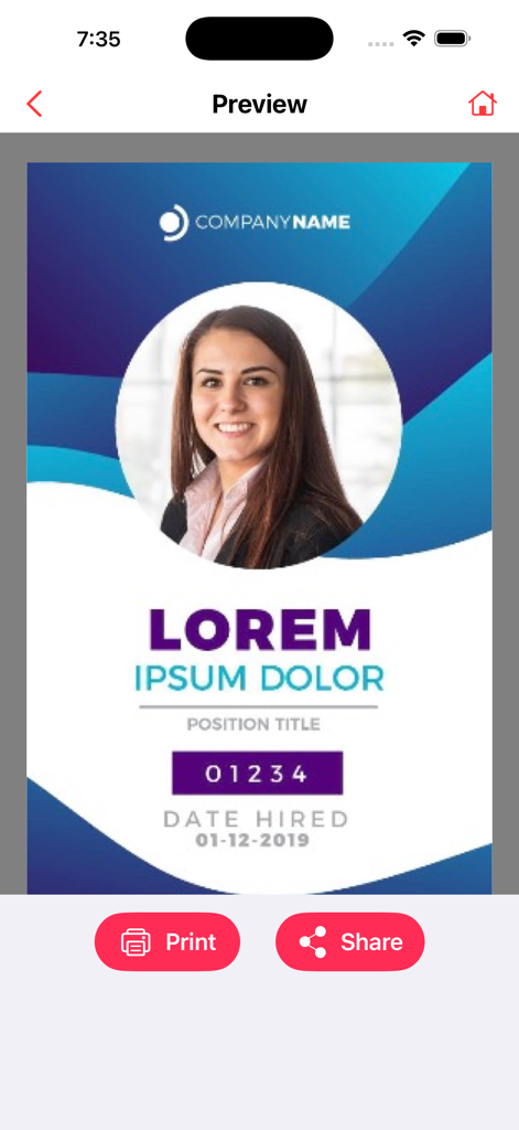 Photos PDF - Pdf Converter - Una pantalla de vista previa de un documento profesional en la aplicación convertidora de PDF con botones de impresión y compartir.