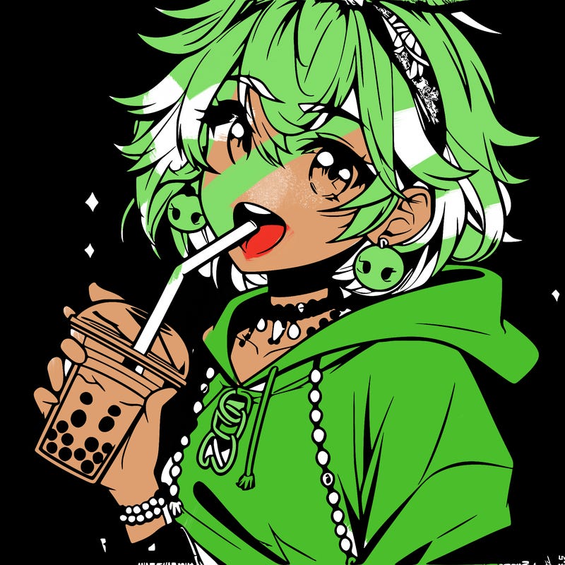 hot baddie anime girl drinking boba and biting the straw