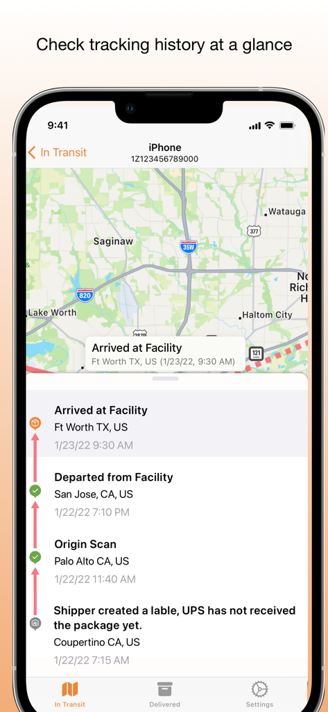 My Package Pro - My Package Pro app showing a package tracking timeline and delivery location on a map