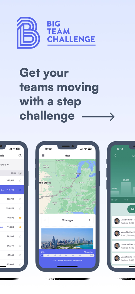 Big Team Challenge - Big Team Challenge app interface showing corporate leaderboard and step tracking maps