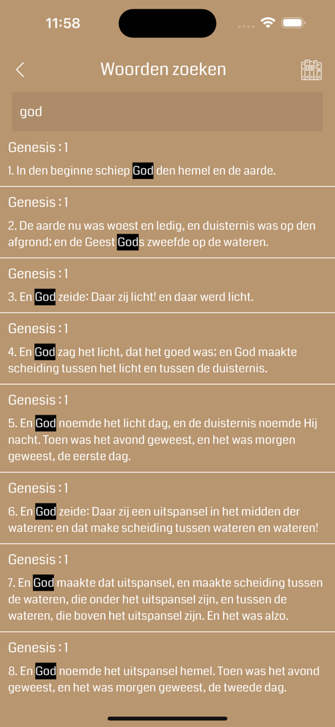 Dutch Bible Offline - Search results for the word God in Genesis within the Dutch Bible app