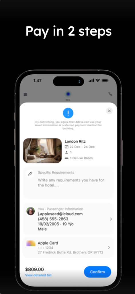 Smartrip AI - Smartrip AI App-Oberfläche, die einen zweistufigen Zahlungsbestätigungsbildschirm für eine Hotelbuchung anzeigt