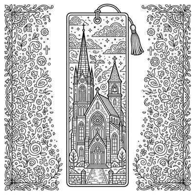 Bring architectural beauty and spiritual reflection to life with this intricate church bookmark coloring page. Perfect for adults, it offers a serene and detailed design to personalize your favorite books.